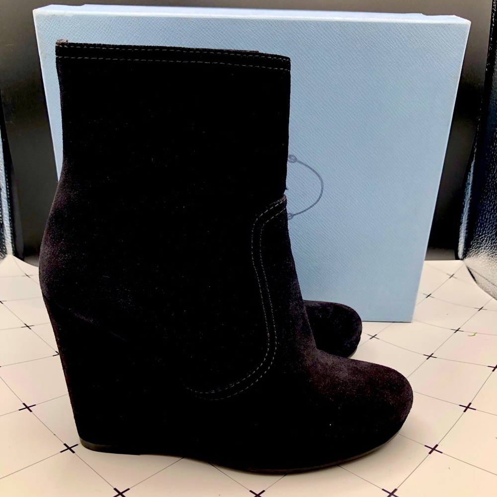 Prada Black Ankle Wedge Boots Size 38  (US 8 )  Like New